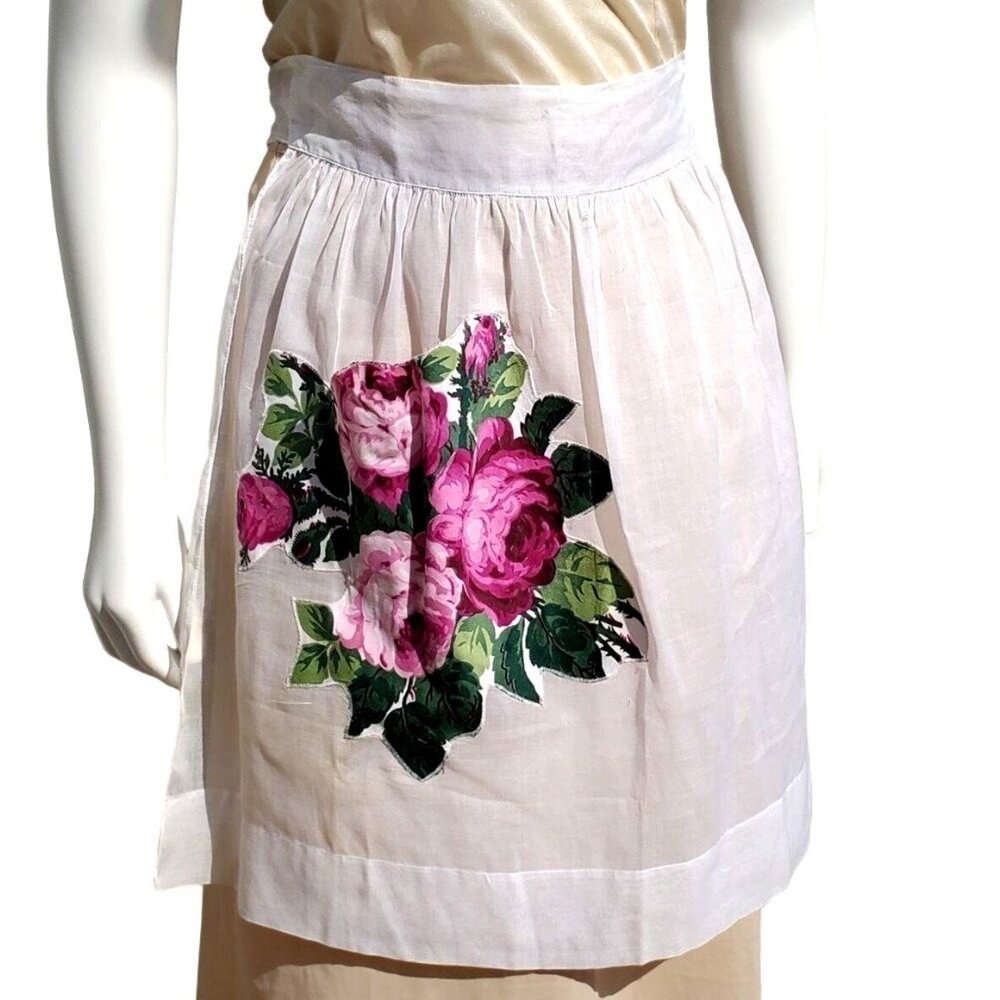 Vintage 40s Half Apron Purple Roses White Organza Pocket Womens M to L